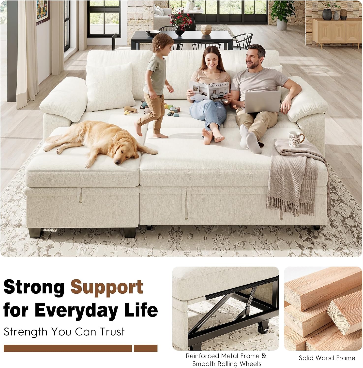 Ihanherry 86" Modular Sectional Sofa with Pull Out Bed, 4-Seater L Shaped Sectional Sleeper Couch with Storage Ottoman, Chenille Convertible Couches for Living Room, Apartment (Beige)