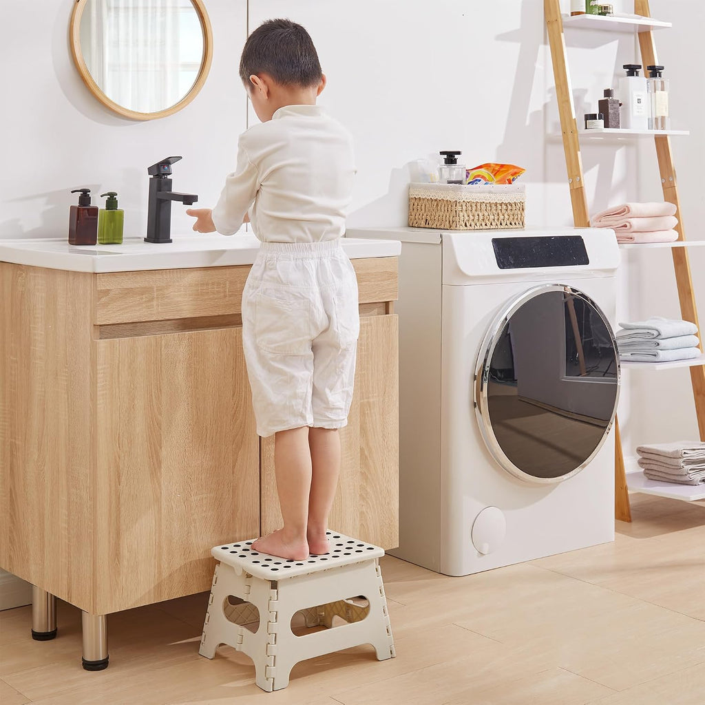 VECELO Step Stool Folding Chair (2024 New, Safety Lock Design) Step Ladder, Width 13.4 x Depth 10.6 x Height 12.6 inches (34 x 27 x 32 cm), Beige, Folding Stool, Compact, Outdoor/Indoor Use,