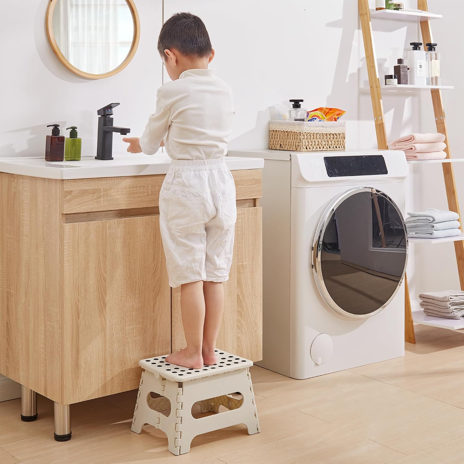 VECELO Step Stool Folding Chair (2024 New, Safety Lock Design) Step Ladder, Width 13.4 x Depth 10.6 x Height 12.6 inches (34 x 27 x 32 cm), Beige, Folding Stool, Compact, Outdoor/Indoor Use,