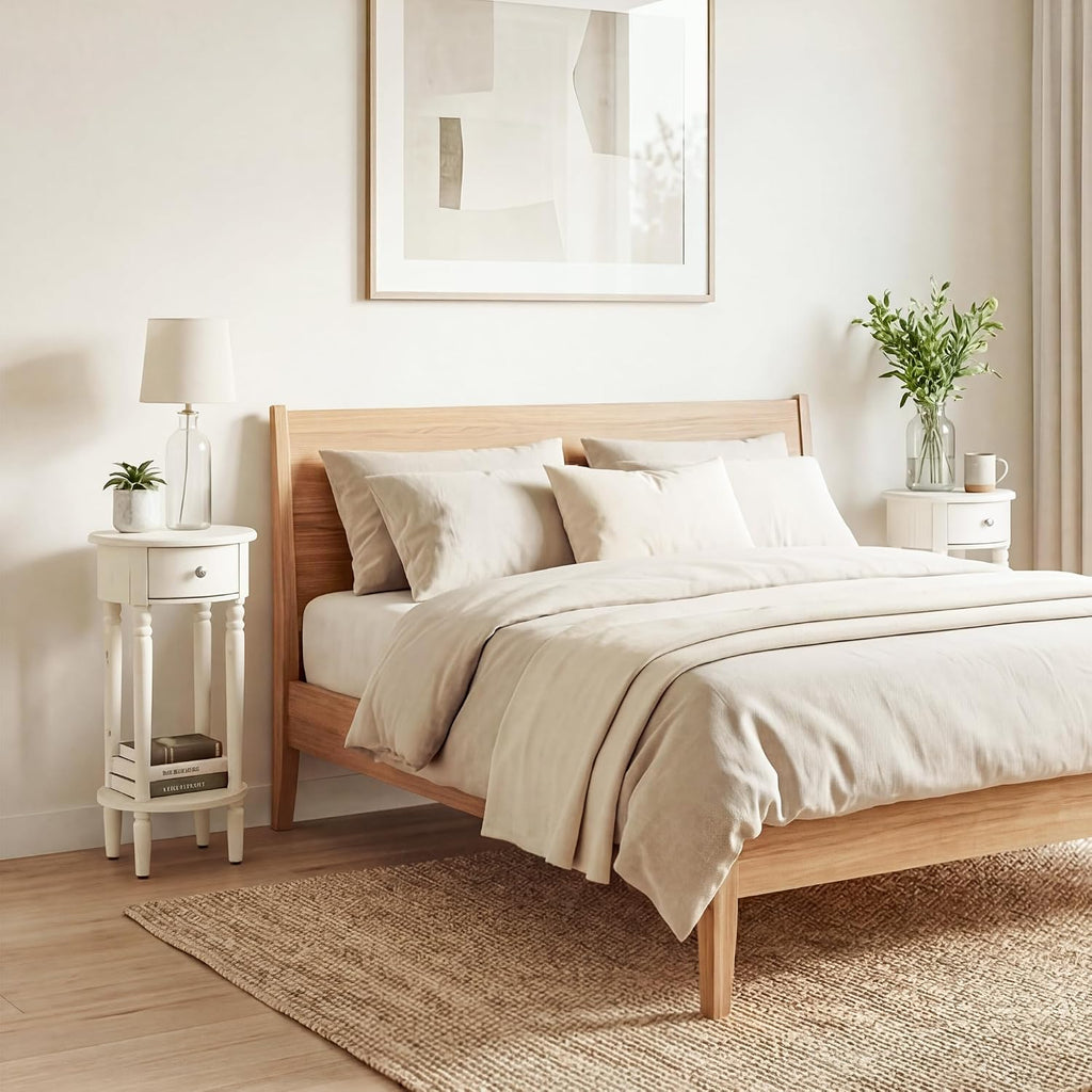 COSIEST Tall Nightstand with Drawer, Tall Side Table, 2 Tier Round End Table for Living Room, 28'' Accent Table for Corners, Beige