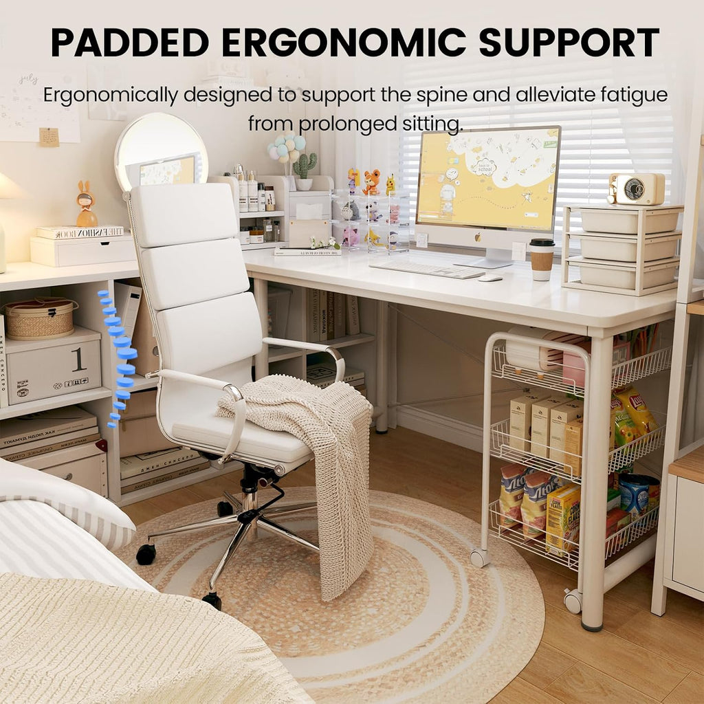 GTPOFFICE Modern White High Back Ergonomic Office Chair with Lumbar Support, Adjustable Height, Bonded Leather, Wheels