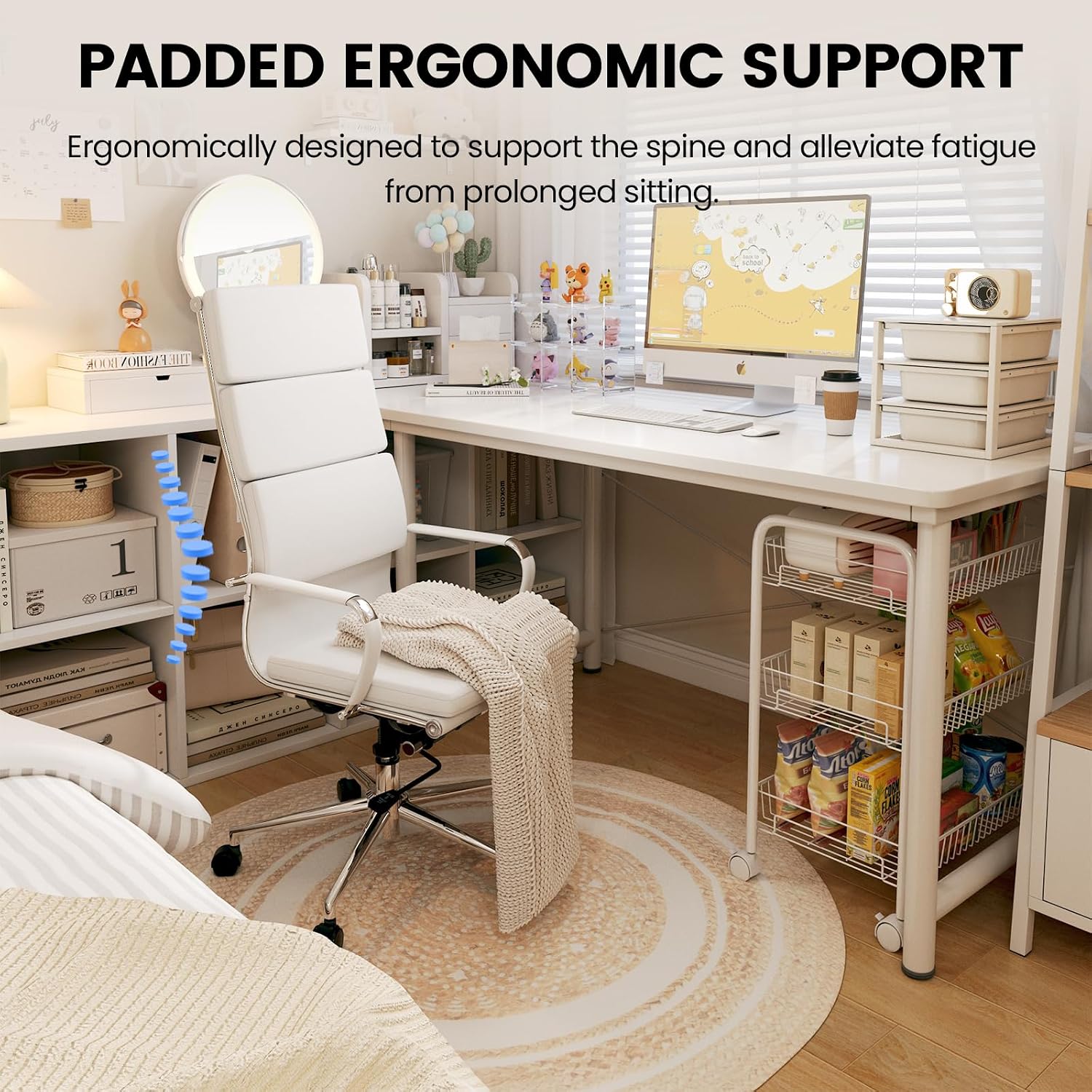 GTPOFFICE Modern White High Back Ergonomic Office Chair with Lumbar Support, Adjustable Height, Bonded Leather, Wheels
