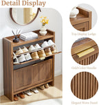 Fluted Shoe Storage Cabinet with 2 Flip Door for Entryway, Modern Freestanding Narrow Wood Shoe Rack Cabinet for Foyer, Front Door, Hallway