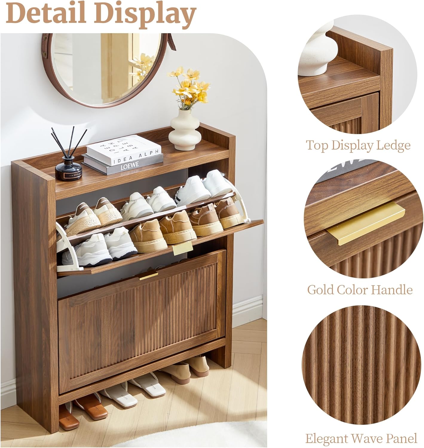 Fluted Shoe Storage Cabinet with 2 Flip Door for Entryway, Modern Freestanding Narrow Wood Shoe Rack Cabinet for Foyer, Front Door, Hallway