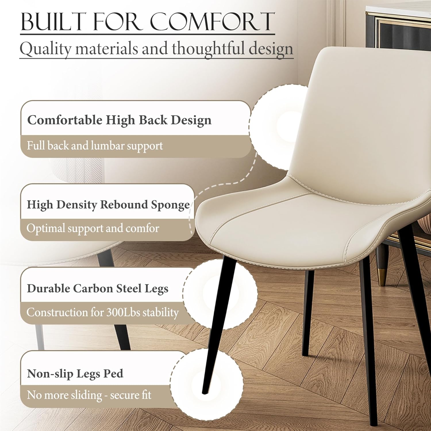 Modern Dining Chairs Set of 4, PU Leather Upholstered Dinner Chairs with Sturdy Metal Legs and Comfort Backrest, Armless Accent Side Chairs for Home Kitchen, Living Room (Light Beige)