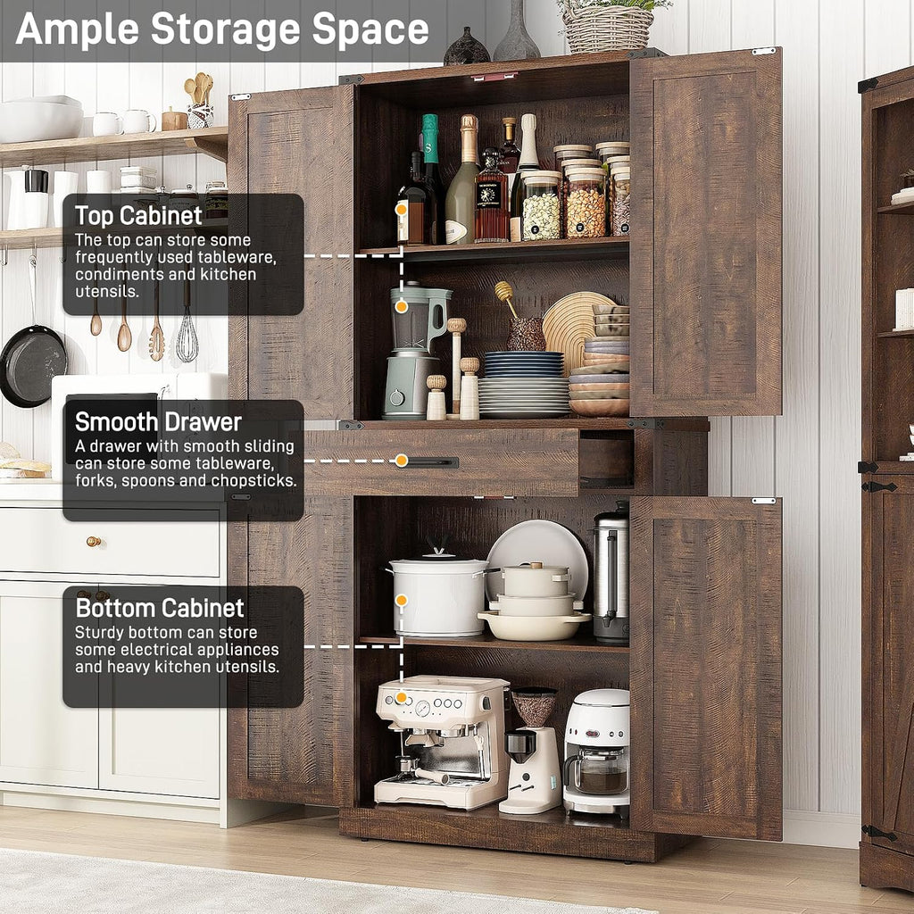 Hlivelood 72" Tall Farmhouse Kitchen Pantry Cabinet with Drawer, Rustic Wood Cupboard Storage Cabinet w/Organizer and 4 Barn Doors, Storage Cabinet for Kitchen, Dining Room, Living Room, Brown