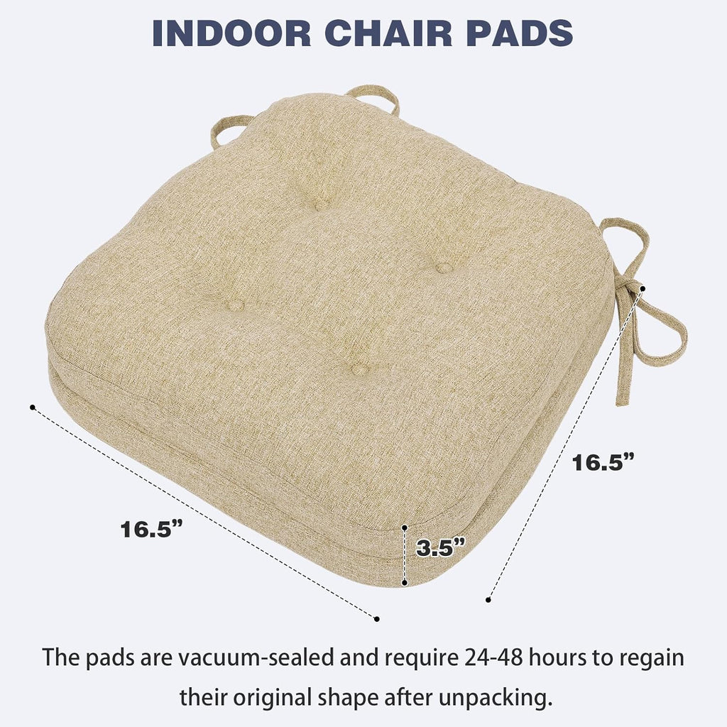 baibu Set of 6 Dining Chair Cushions, Dual-Layer Patent Design Memory Foam Kitchen Chair Cushions, Non-Slip Seat Pads with Ties, 16.5 x 16.5 x 3.5in, Beige