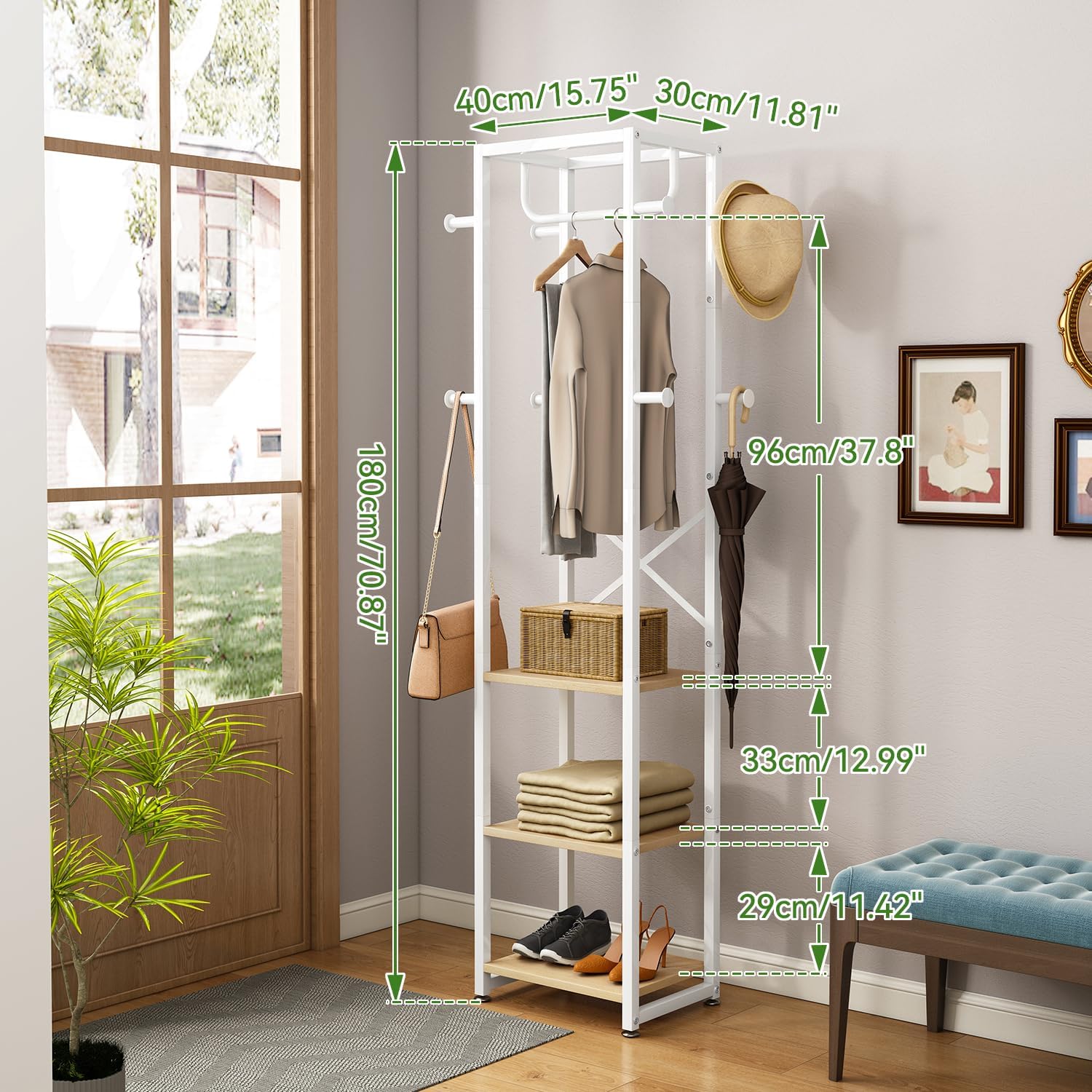 IBUYKE Coat Rack with Shelves, Freestanding Hall Tree with 3 Shelves and 8 Hooks, Industrial Clothes Stand for Entryway, Hallway, Bedroom, Natural UTMJ088R