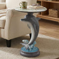 Artistic Dolphin Accent Table, Faux Marble Round Side Table, Playful Ocean Sculptural Pedestal End Table for Living Room Coastal Beach House Decor