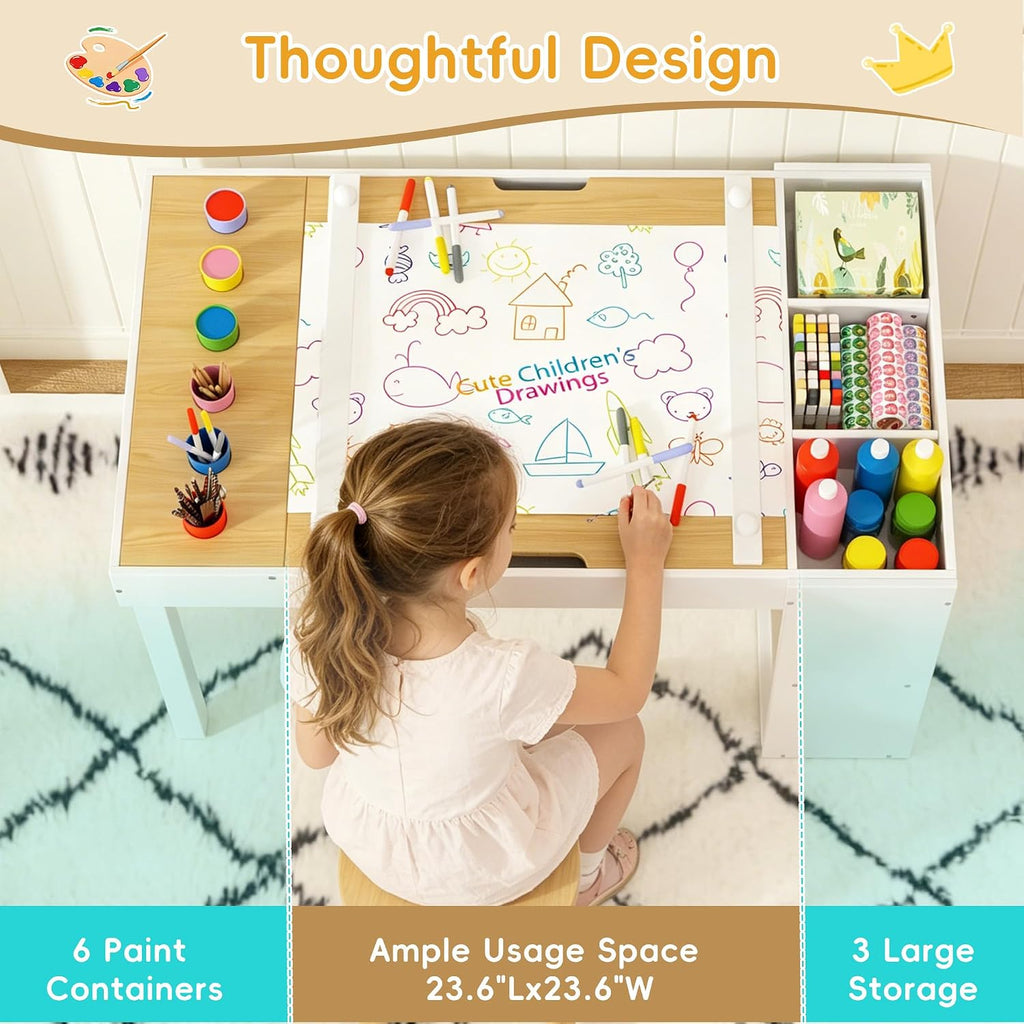 Kids Art Table and Chairs Set with Storage, Wooden Craft Desk with 2 Stools, Child Drawing Table with Open Shelves, Paint Cups, Paper Roll, Bins, Toddler Play Table, 39" L x23 W
