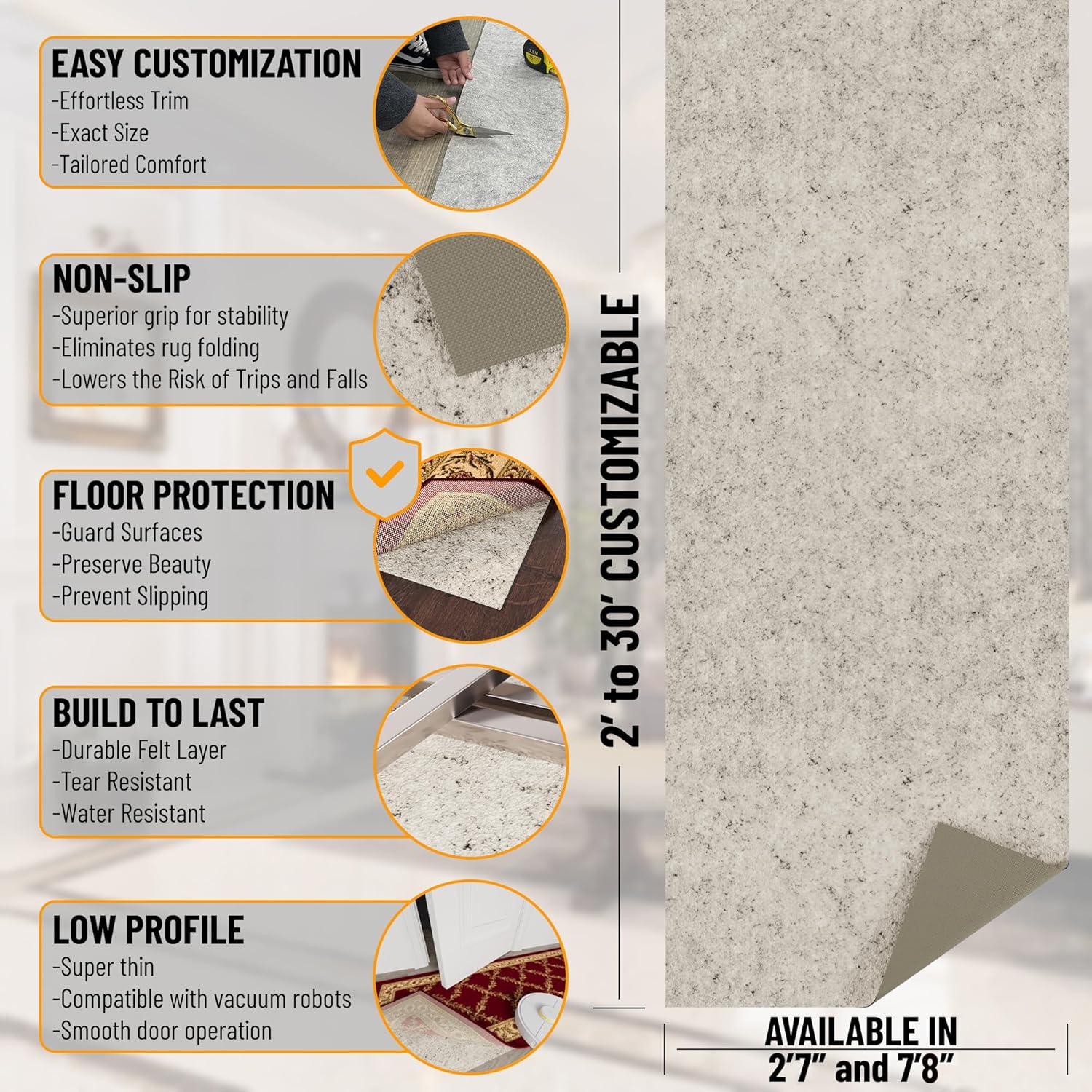 Ottomanson Non Slip Rug Pad Grip 3x9 1/8 Thick, Protection for Any Flooring Surface, Keep Your Runner Rug and Area Rugs in Place, 2'7" x 9', Beige