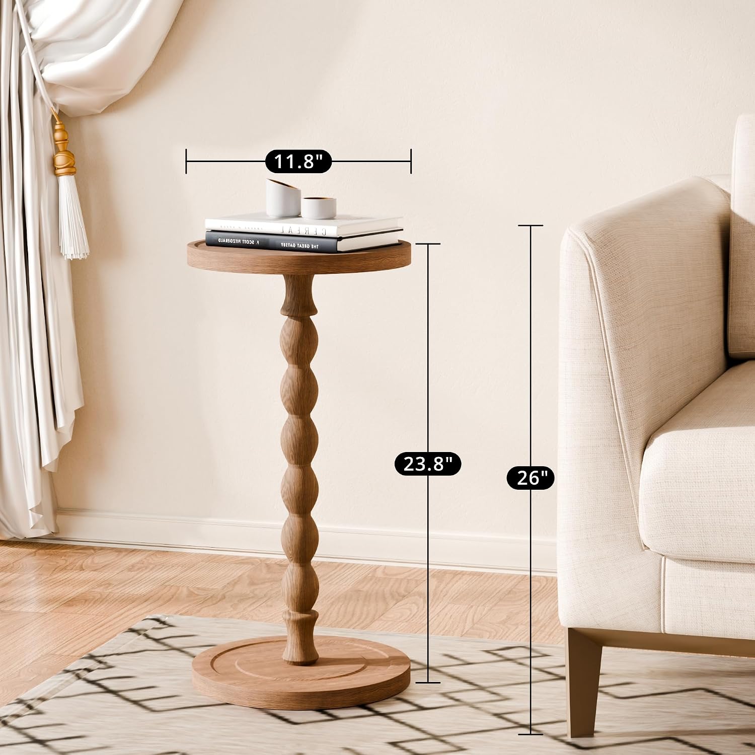 Small Side Table, Rubberwood‌ Drink Table for Small Spaces, Solid Wood Pedestal Coffee Tables, Round End Tables for Living Room, Sofa Couch, Bedroom, Corners, and Office (Brown, 11.81 inch)