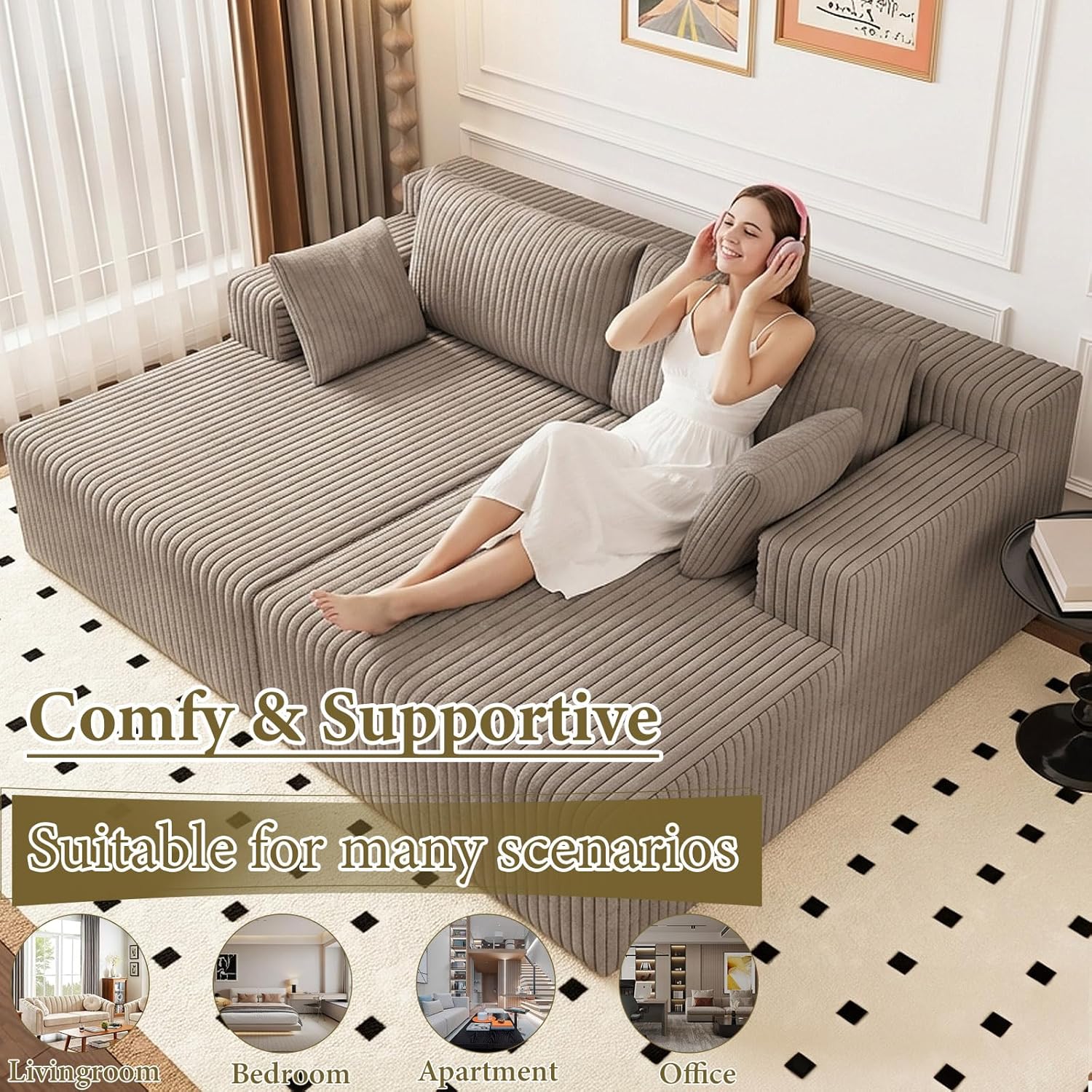 71" Oversized Double Chaise Lounges Indoor, Upholstered Corduroy Oversized Chaise Lounge Chair, Modern Sleeper Loveseat Chair Boneless Cloud Couch for Living Room Bedroom Reading (Camel)