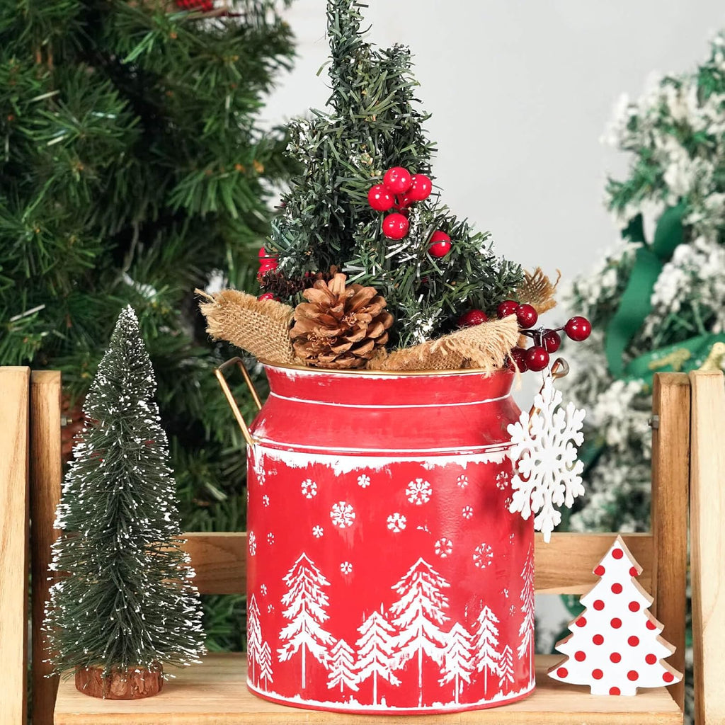 Putuo Decor Large Metal Milk Can with White Winter Forest Snowflake Design Rustic Farmhouse Holiday Vase with Gold Handles Vintage Christmas Décor for Festive Centerpieces Home Accents (Red)
