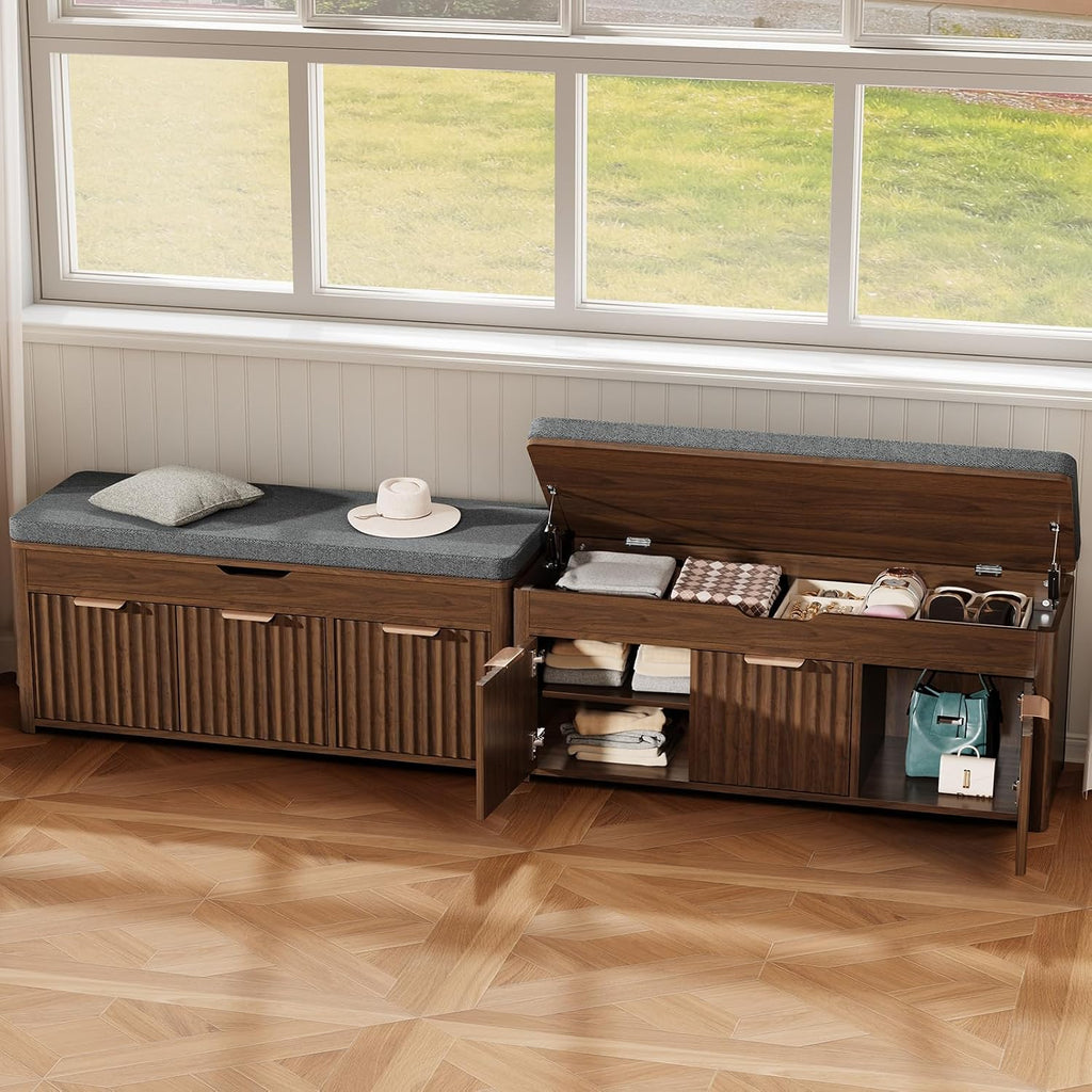 Shoe Bench with Storage, Lift Top Entryway Bench with Hidden Storage, 2-Tier Adjustable Shoe Rack and Cushioned Seat, Wooden End of Bed Bench for Bedroom, Living Room, Hallway, Walnut