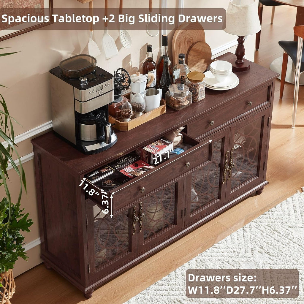 Joaxswe Farmhouse Sideboard Buffet Cabinet with Storage,59" Large Credenza with 4 Glass Doors & 2 Drawers,Adjustable Shelves Console Table,Wood Kitchen Coffee Bar for Dining Room,Living Room,Walnut