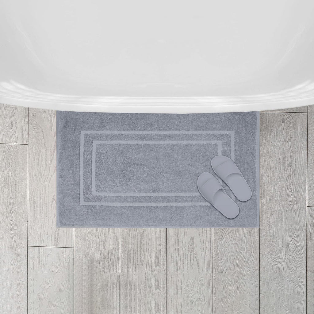 Feather & Stitch 2 Piece Towel Like Bath Mats (30x21 Inch) 100% Cotton Terry Bath Mats, Bathroom Shower Floor Mats [NOT A Bathroom Rug], Soft Absorbent Washable Mats - Grey