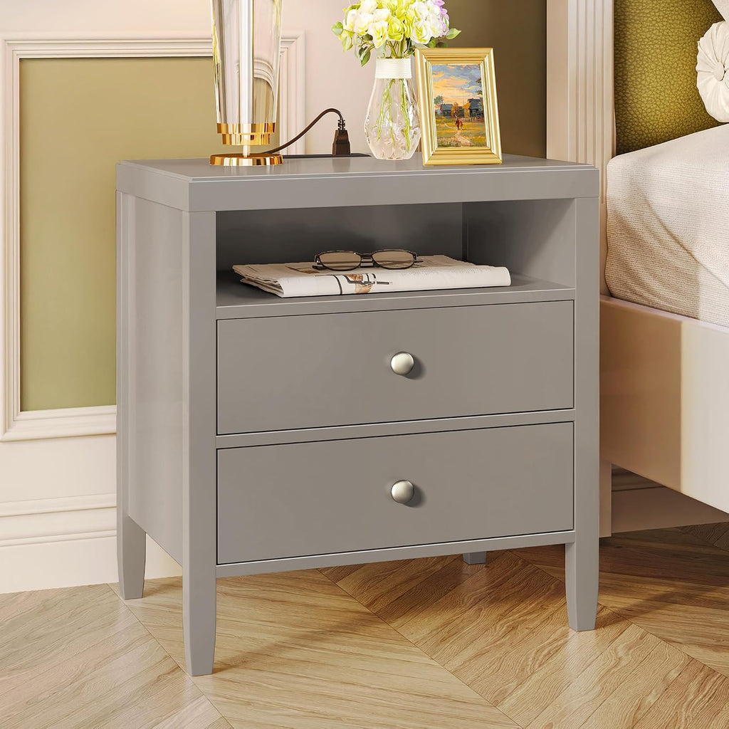 Huuger Grey Nightstand Set of 2, Night Stand with Charger Station, Bedside Table with 2 Drawers, Bed Side Tables for Bedroom, Modern Nightstands, Metal Knobs, Painted Surface