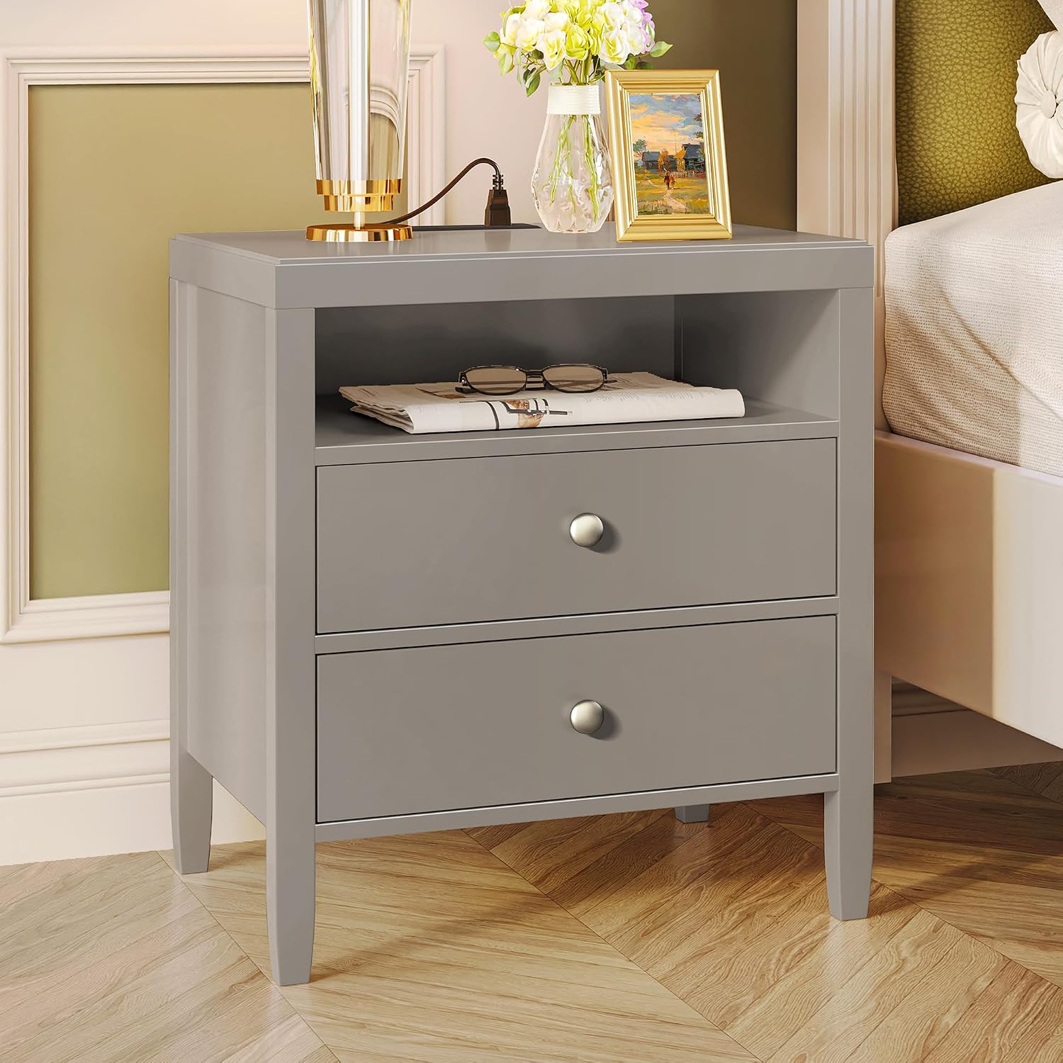 Huuger Grey Nightstand Set of 2, Night Stand with Charger Station, Bedside Table with 2 Drawers, Bed Side Tables for Bedroom, Modern Nightstands, Metal Knobs, Painted Surface