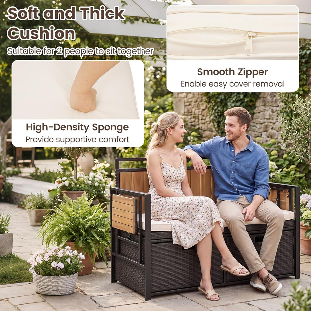Outdoor Storage Bench, Outside Cushioned Loveseat Seating with Acacia Wood Backrest, 2 Folding Side Tables & 2 Doors, PE Rattan Deck Box for Patio Cushions, Garden Tools & Pool Supplies