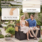 Outdoor Storage Bench, Outside Cushioned Loveseat Seating with Acacia Wood Backrest, 2 Folding Side Tables & 2 Doors, PE Rattan Deck Box for Patio Cushions, Garden Tools & Pool Supplies