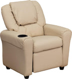 EMMA + OLIVER Beige Vinyl Kids Recliner with Cup Holder and Headrest
