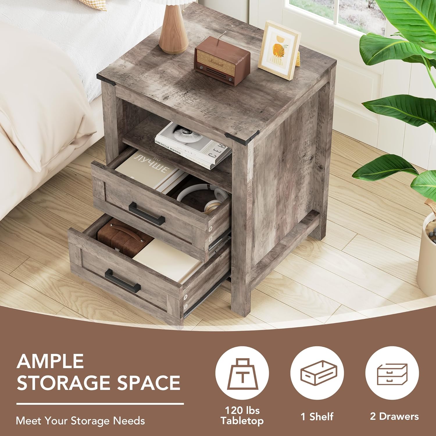 EazeHome Farmhouse End Table, 18” Wooden Side Sofa Table with 2 Drawers and Open Storage Compartment, Retro Accent Bedside Table for Small Spaces, Living Room, Bedroom, Antique Gray
