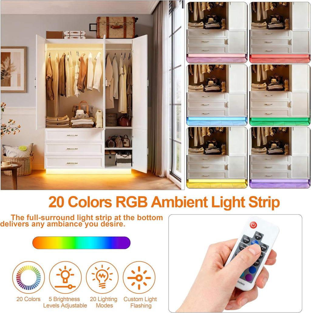 72" Wooden Armoire Wardrobe Closet with 3 Door White Bedroom Armoire with LED Light 3 Drawers Large Modern Wardrobe Cabinet with Retro Ceramic Door Handles and Removable Hanging Rod