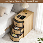 BERRYMERRY Narrow End Table Set of 2 with Charging Station, Modern Slim Nightstand Bedside Table with 3 Drawers for Bedroom Living Room, Natural, 11.81" W x 23.51" D x 23.62" H