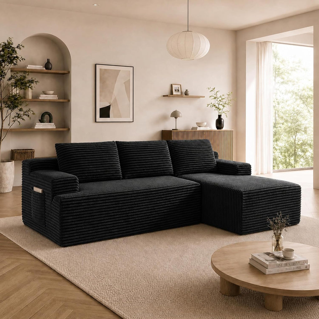 Boneless Couch Comfy Sectional Couches for Living Room,U Shaped Modular Cloud Couch Sofa, Minimalist Modular Sectional Sofa with Deep Seat (Black, 96" L Shaped with Right Facing Chaise)