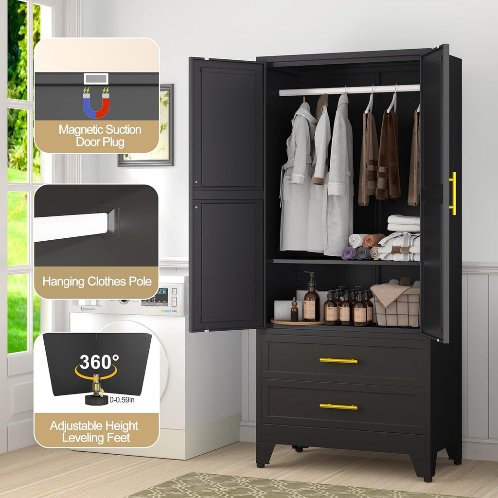 GAIOUS Metal Wardrobe Cabinet with 2 Drawers, 71" Clothing Storage Cabinets | with 2 Doors, 1 Adjustable Shelf, Steel Armoire Wardrobe Closet with Hanging Rod for Bedroom, Gym, Cloak Room (Black)
