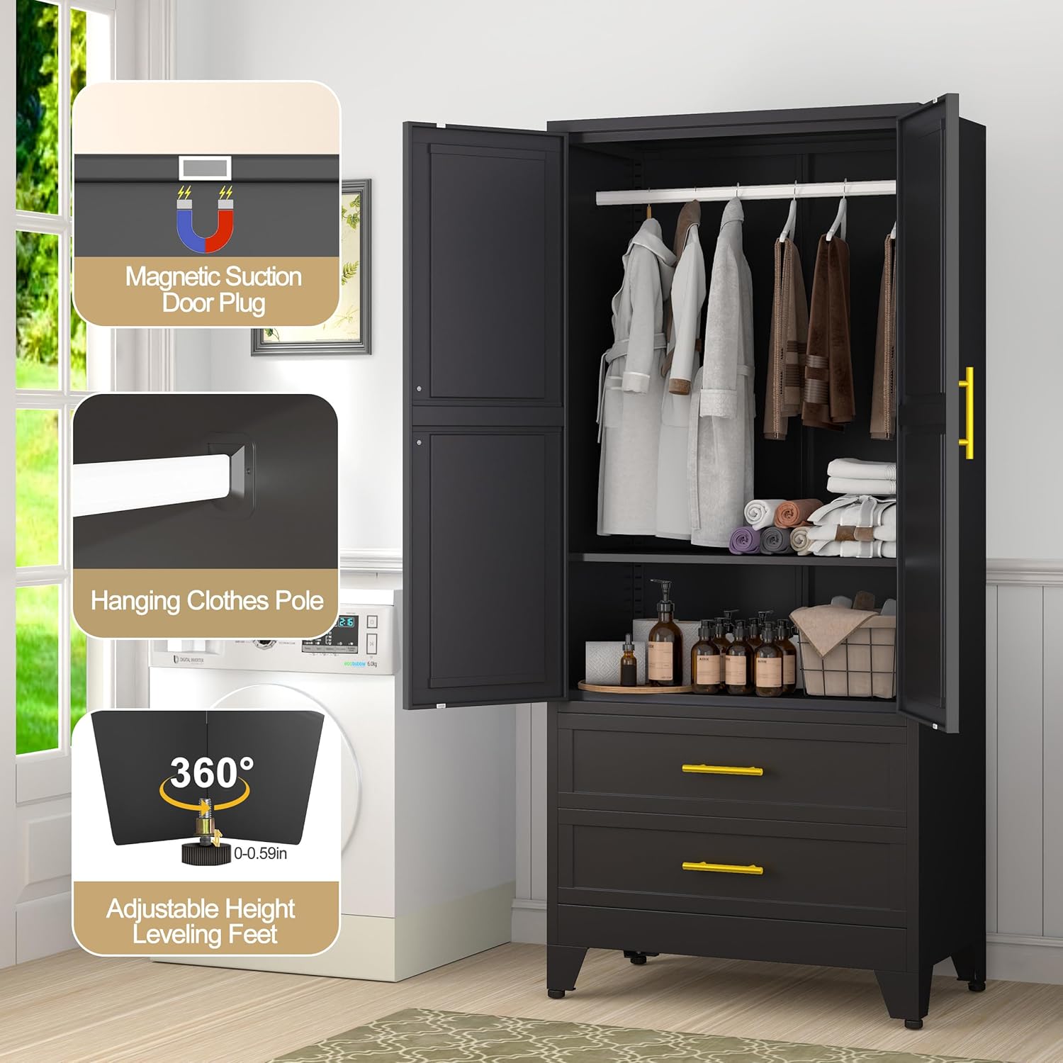 GAIOUS Metal Wardrobe Cabinet with 2 Drawers, 71" Clothing Storage Cabinets | with 2 Doors, 1 Adjustable Shelf, Steel Armoire Wardrobe Closet with Hanging Rod for Bedroom, Gym, Cloak Room (Black)