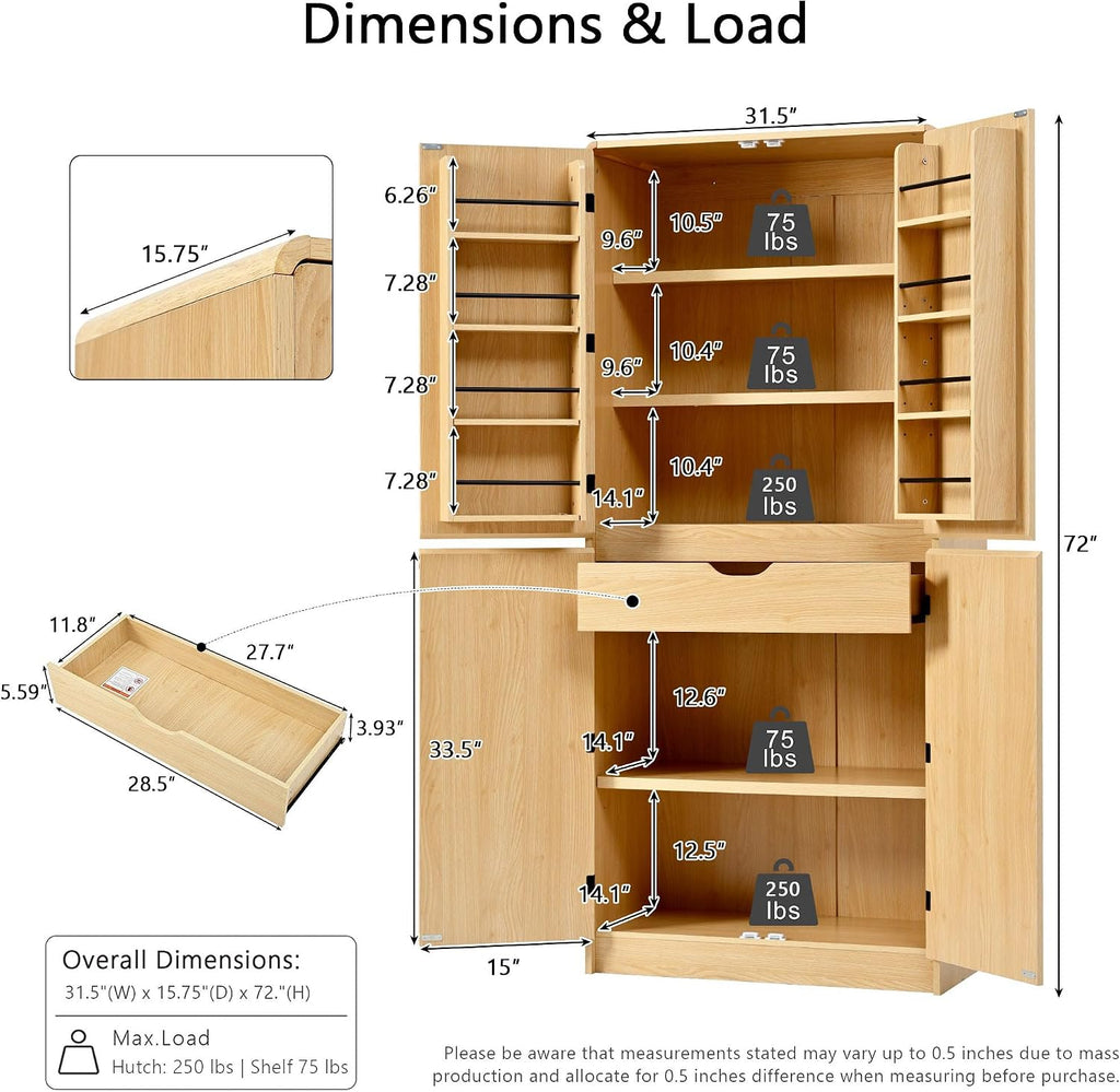 72" Tall Pantry Cabinets for Kitchen Storage, Natural Pantry Storage Cabinet with Doors and Adjustable Shelves, Freestanding Pantry Cupboard with Drawers for Dining Room Bathroom (Natural, 72")