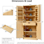 72" Tall Pantry Cabinets for Kitchen Storage, Natural Pantry Storage Cabinet with Doors and Adjustable Shelves, Freestanding Pantry Cupboard with Drawers for Dining Room Bathroom (Natural, 72")