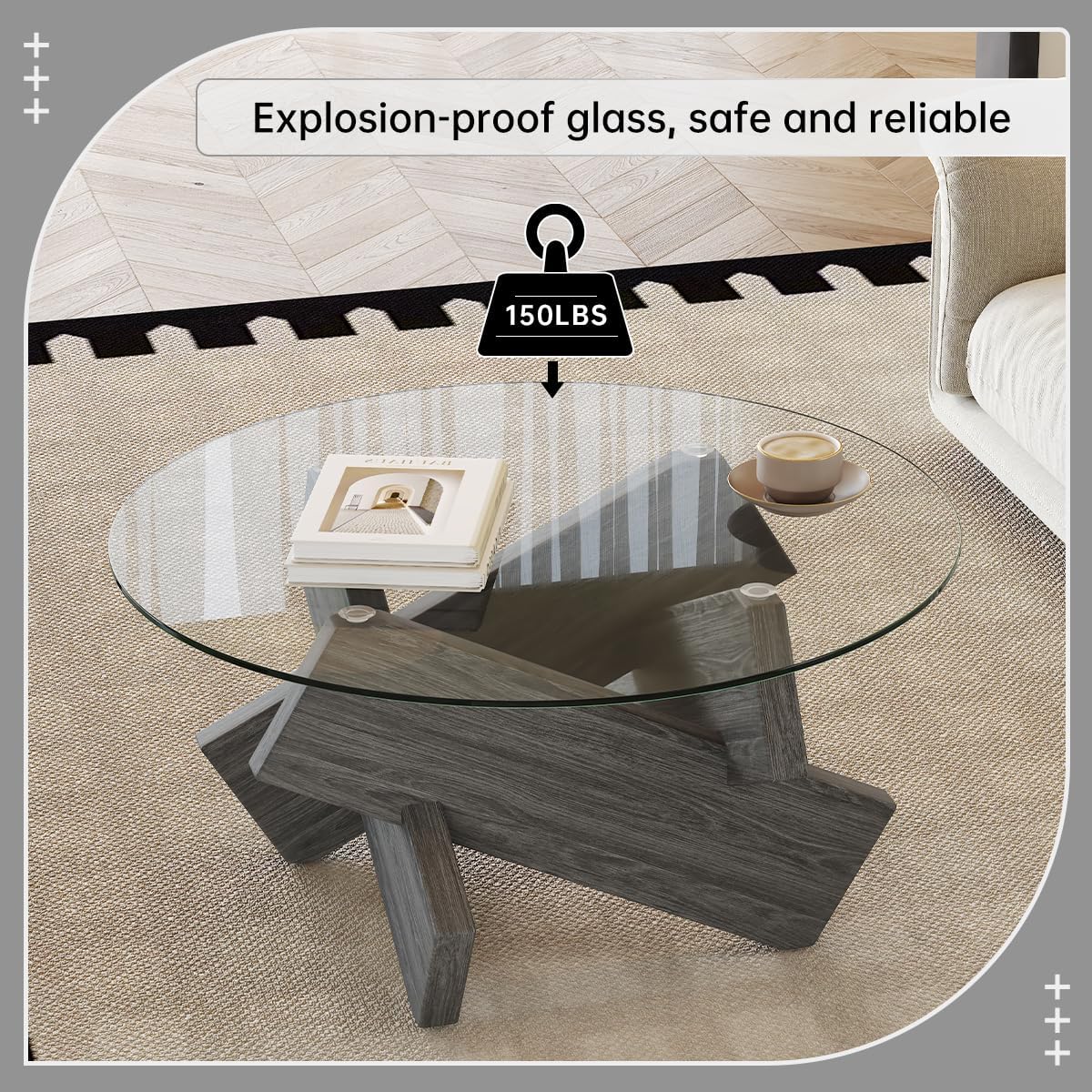 Gray Round Glass Coffee Table,33-Inch Coffee Tables for Living Room Clear Circle Accent Table Adapts to Farmhouse and Contemporary Decor