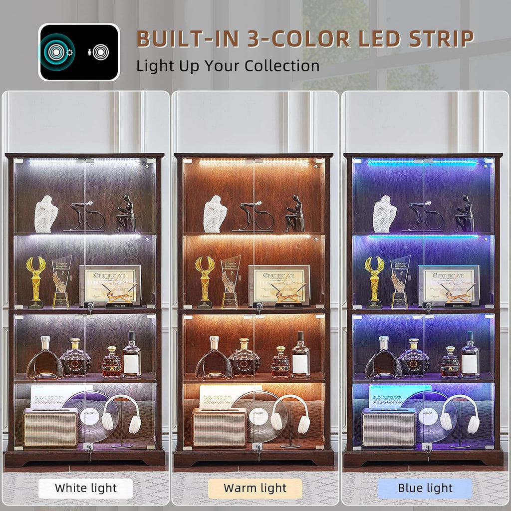 LELELINKY Farmhouse Glass Display Cabinet with Doors, Wooden Curio Cabinet for Collectibles with 3-Color LED Motion-Sensor Light & Reinforced Base, Walnut