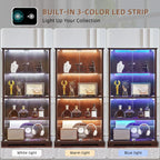 LELELINKY Farmhouse Glass Display Cabinet with Doors, Wooden Curio Cabinet for Collectibles with 3-Color LED Motion-Sensor Light & Reinforced Base, Walnut