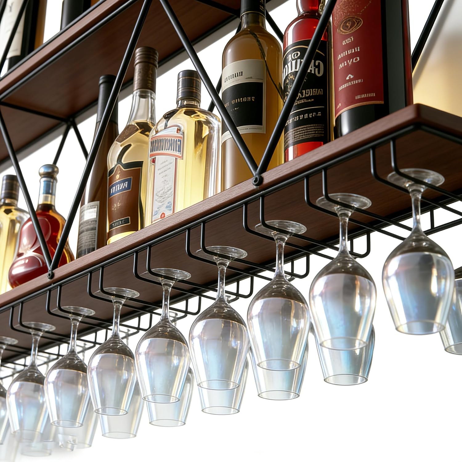 Ceiling Wine Glass Rack, Industrial Wall Mounted Wine Rack, Hanging Wine Rack, 2-Layer Iron Bottle Holder Wine Shelf with Glass Holder (Black, 47.2 * 7.87 * 32.7inch)