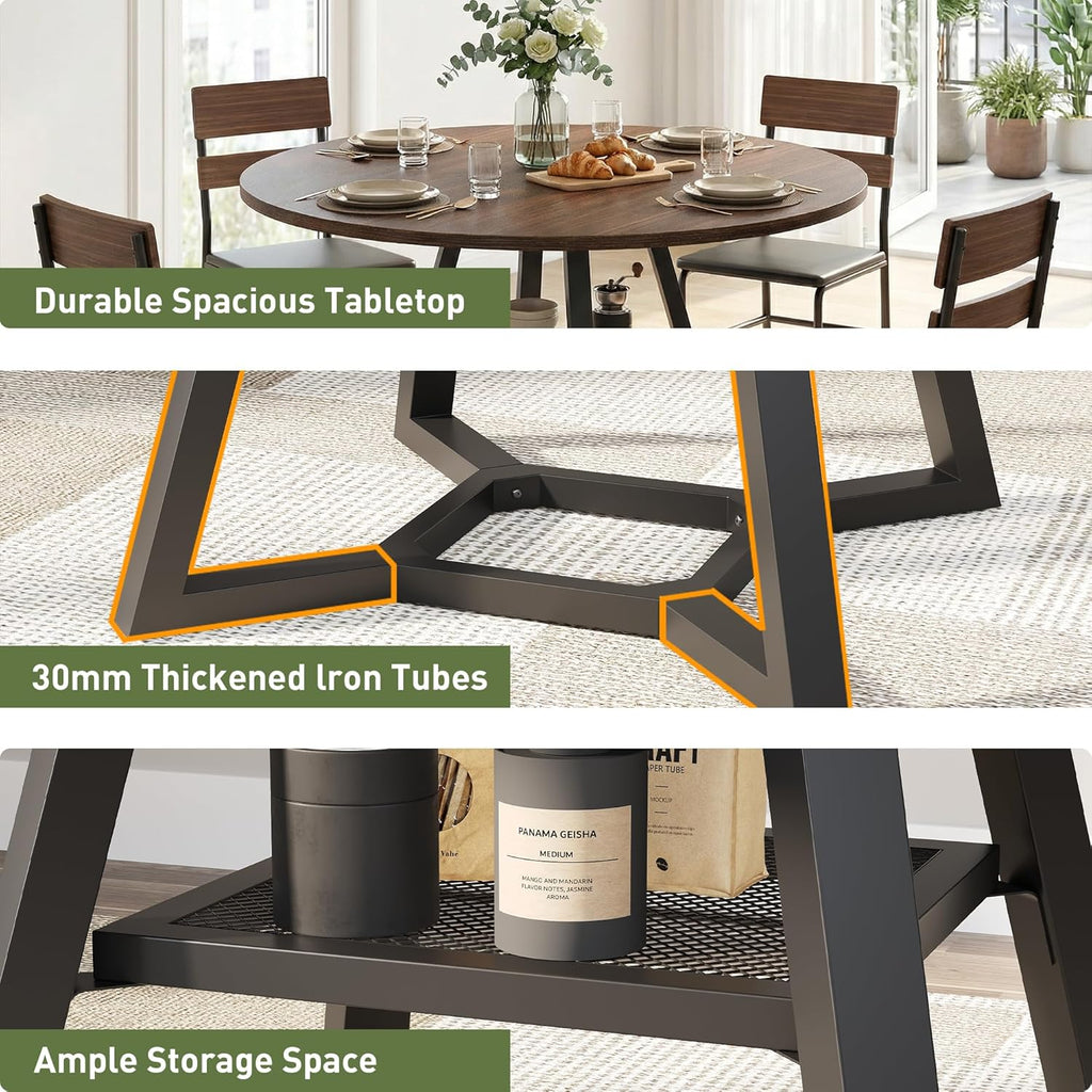 knoworld Round Dining Table for 4-6 with Storage Shelf, Kitchen & Dining Room Circle Pedestal Table, Heavy Duty Metal Frame & Wood Top