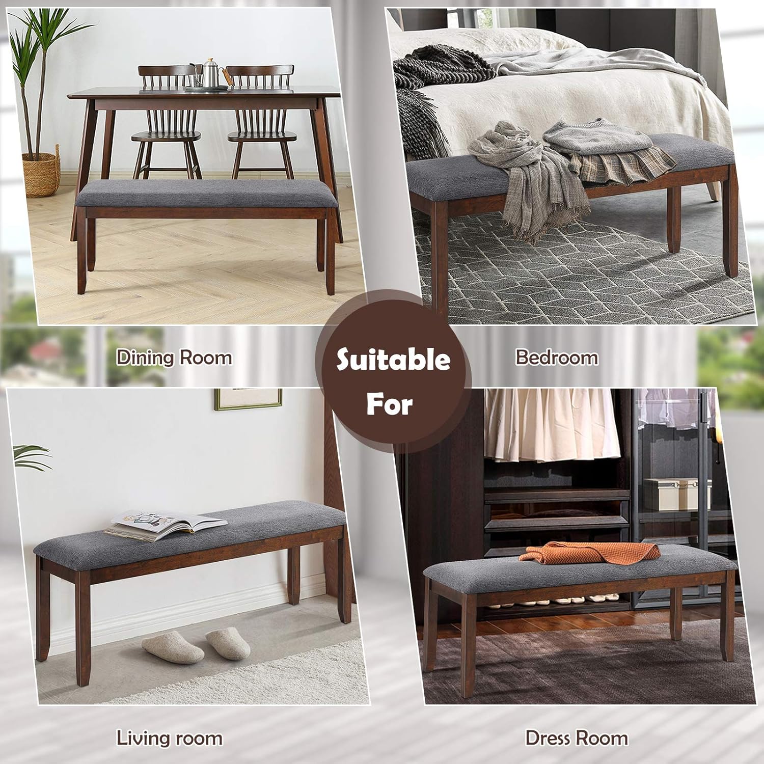 Giantex Dining Room Bench with Upholstered Padded Seat, 660lbs Capacity, 47.5" x 15.5" x 19.5" Ottoman, Wood Kitchen Table Bench for Entryway, Bedroom End of Bed, Grey