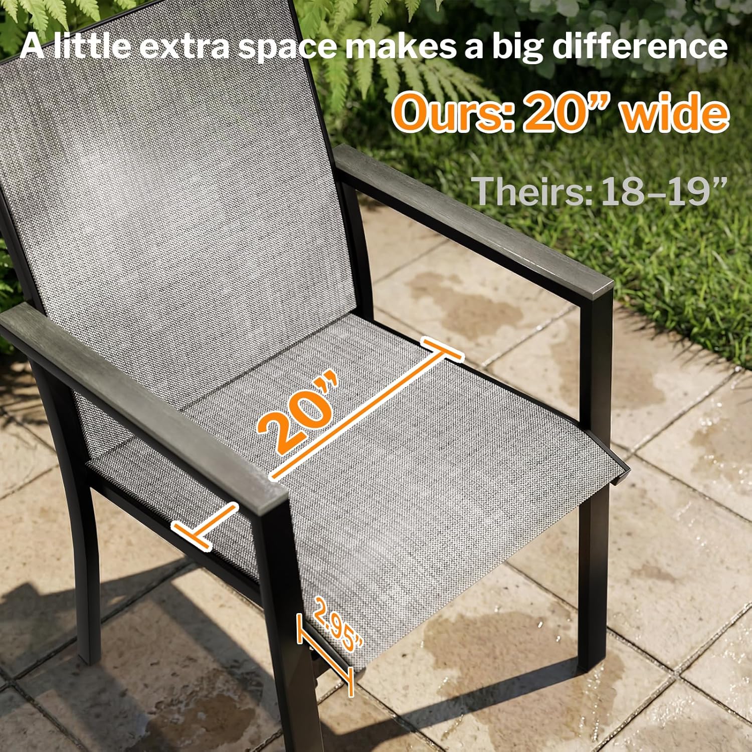 MEOOEM Highback Outdoor Chairs Set of 2, Comfortable Wide Deep Seat Grey Patio Chairs w/Armrests & Metal Frame, Sturdy Durable Heavy Duty Outdoor Armchairs 450LBS for Outside, Backyard, Lawn, Gray