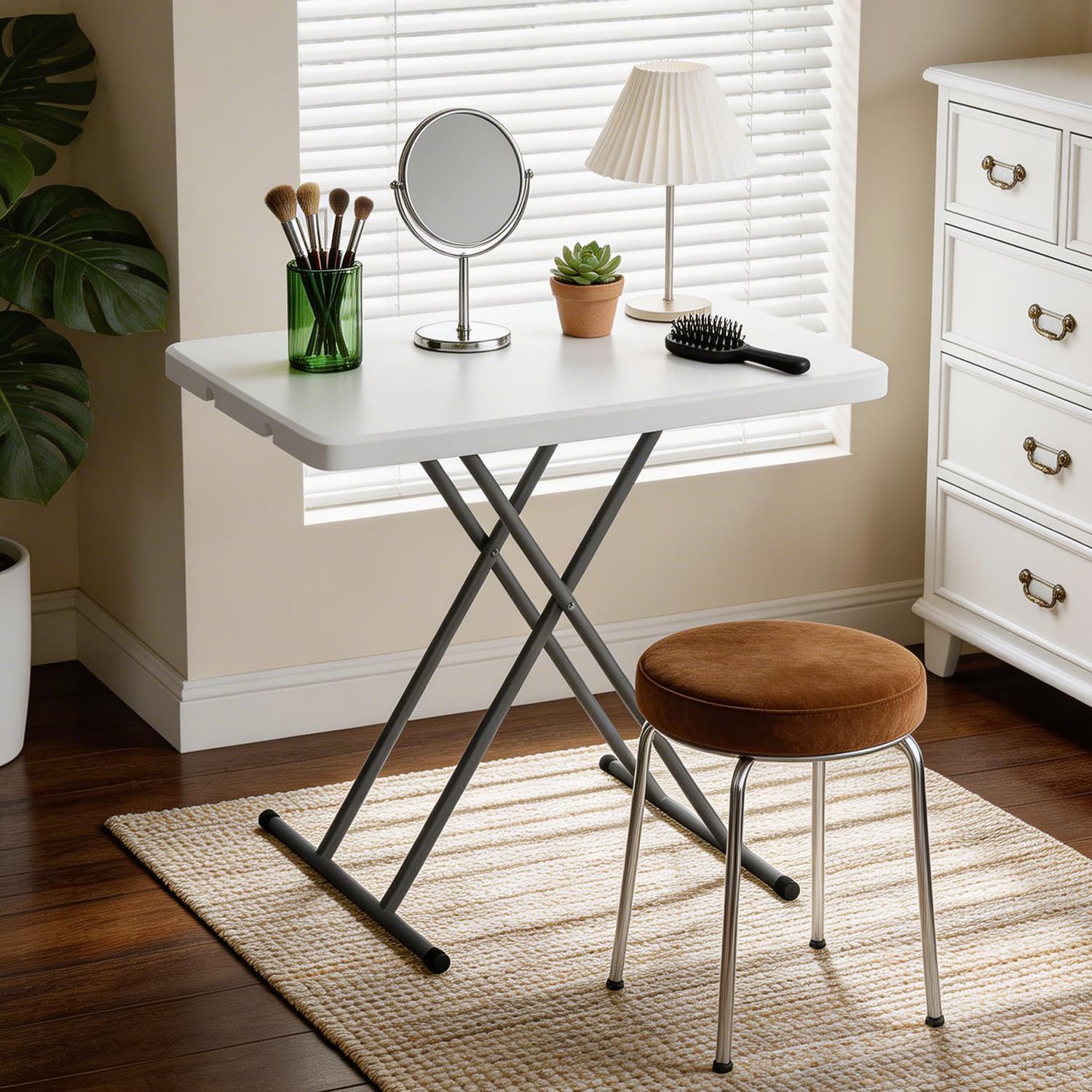 FDW 30 Inch Folding Table, Utility Foldable Table for Small Spaces, Small Desk Adjustable Height TV Tray for Laptop, Couch, Camping, No Assembly Required, White