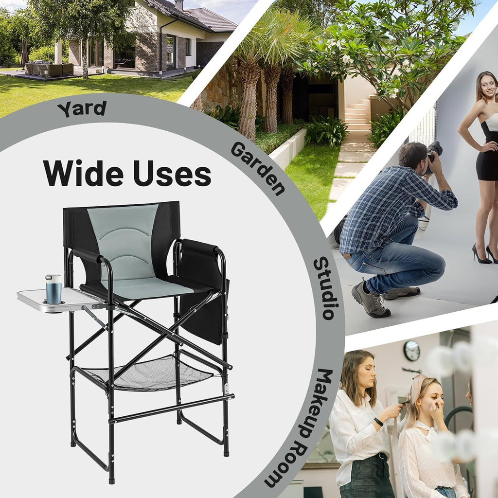 COSTWAY 46" Tall Directors Chair, Folding Makeup Artist Chair with Foldable Side Table & Footrest, Extra Cup Holder, Bottom Mesh Bag & Storage Pocket, Camping Chair for Lawn & Yard, Black+Gray