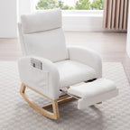 Teddy Fabric Rocking Chair with Adjustable Footstool, Nursery Rocker, High Backrest & Storage Pocket, White, 35.04"-49.21" D X 27.36" W X 40.16"-41.73" H
