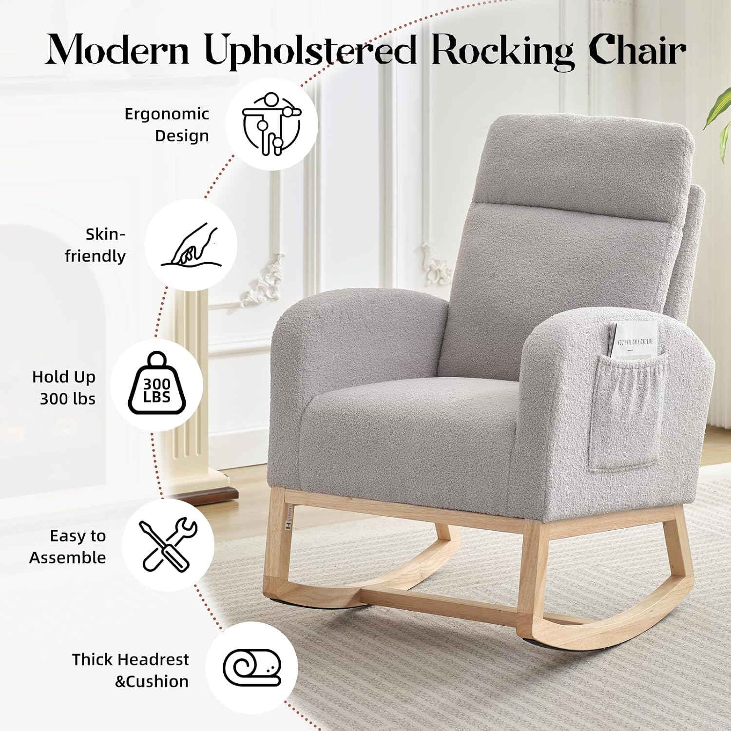 Modern Nursery Rocking Chair,Teddy Upholstered Glider with 26" High Backrest, Padded Seat for Living Room, Bedroom, Reading