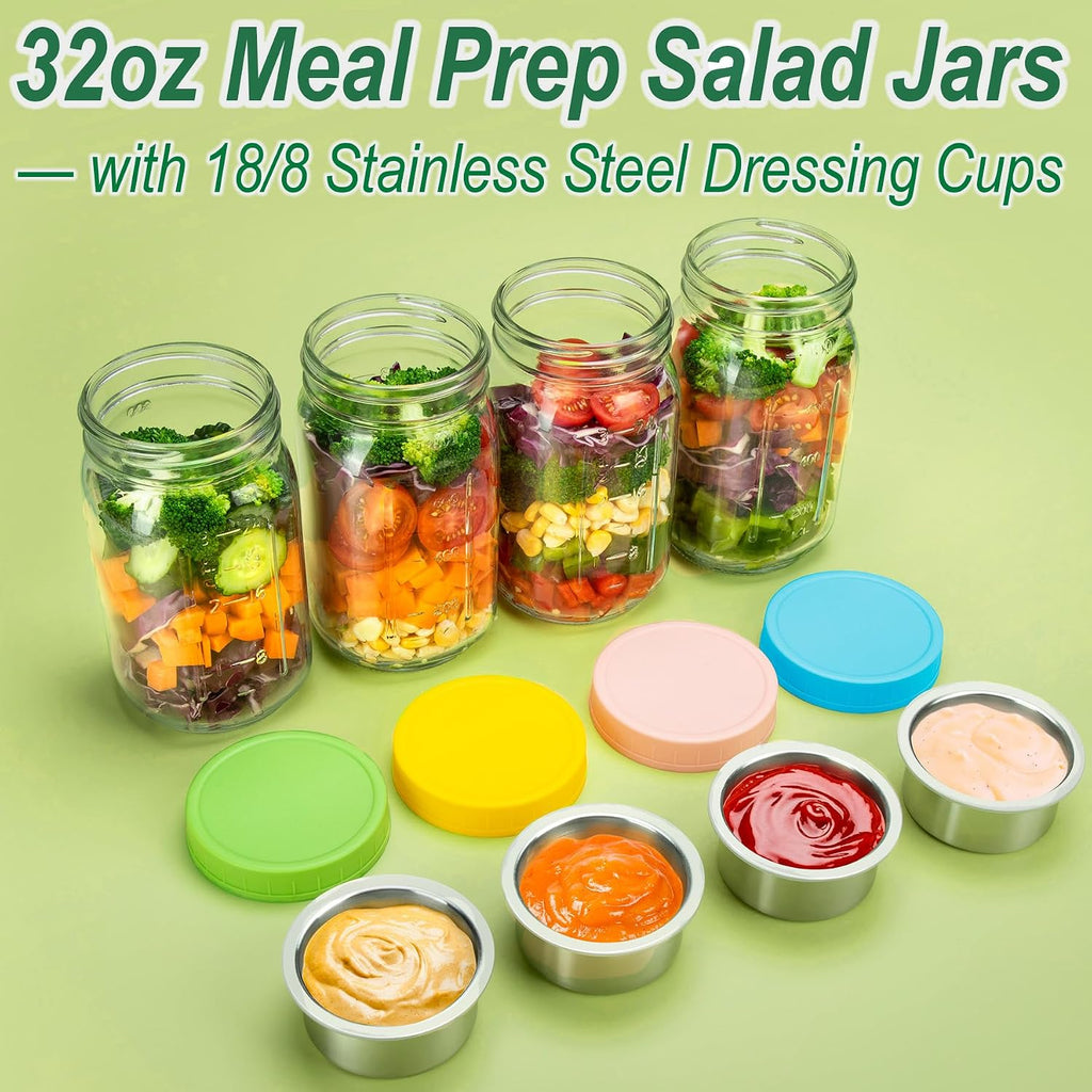 KTKUDY 2 Pack 32 oz Glass Salad Jars with Dressing Cups (Pod) - Meal Prep Salad Container for Lunch - Leakproof Mason Jars with Lids