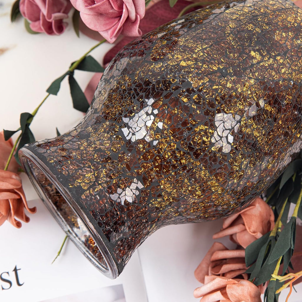 Mosaic Glass Flower Vase for Home Decor, Handmade Glass Vases for Living Room, Kitchen, Wedding, Office (Brown, 5 * 8 Inch)