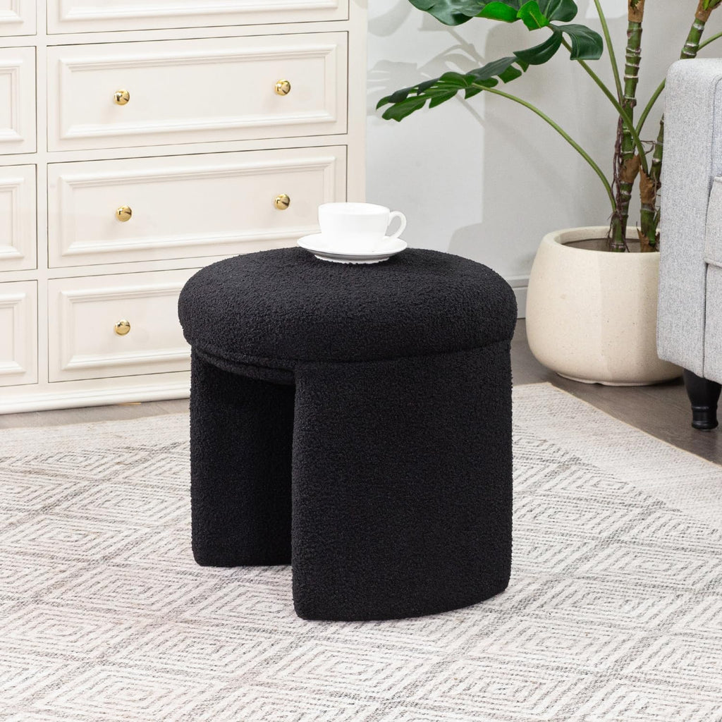 Boucle Ottoman, Round Sherpa Vanity Stool Chair, Small Upholstered Modern Teddy Footstool for Makeup, Living Room, Entryway, Bedroom,Black