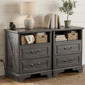 Farmhouse End Table Set of 2, Rustic Wood Nightstand with Charging Station, 2 Large Drawers & Open Storage, Bedside Table with USB-C Ports for Living Room Bedroom (Gray Oak)
