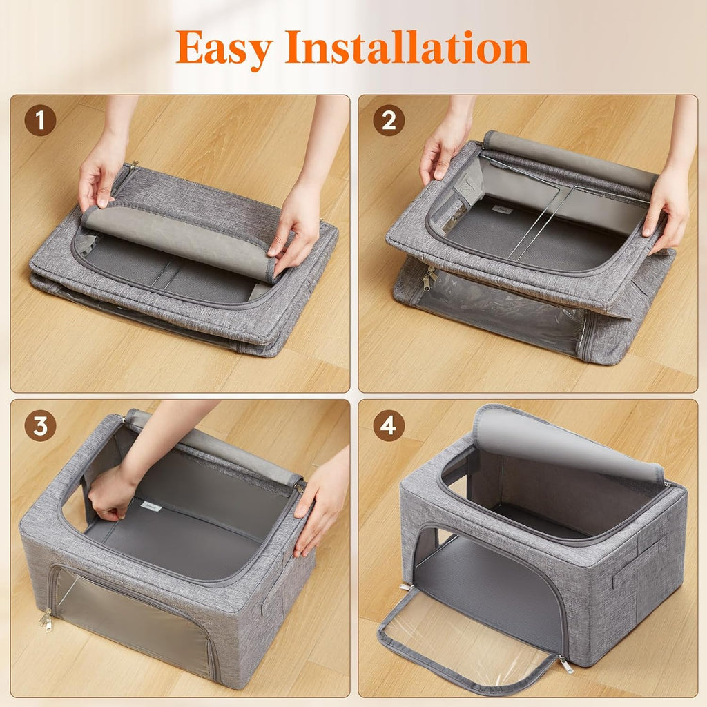 Lifewit Clothes Storage Bins with Metal Frame, Stackable Storage Box, Foldable Clothing Storage Bins with Lids, 40L Storage Bags Fabric Box Organizer with Clear Window＆ Zippers＆ Sturdy Handles 8 Pack